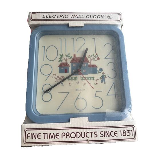 Vintage Ingraham Light Blue Plastic Wall Clock Square 10” USA Heartland Themed - Picture 1 of 7
